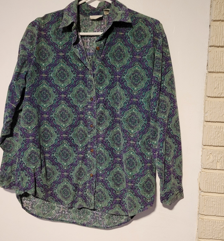 Vintage corduroy button-up shirt with a purple and green paisley Pattern Size M